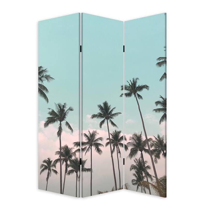 72 Inch 3 Panel Canvas Foldable Room Divider, Blue Sky, Palm Trees, Black - Blue