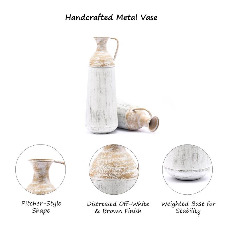 Distressed Off White and Rustic Brown Metal Pitcher Vase (Set of 2)