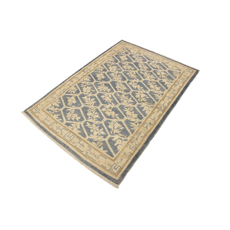 Hexagonal Trellis Floral Hand-Knotted Wool Area Rug