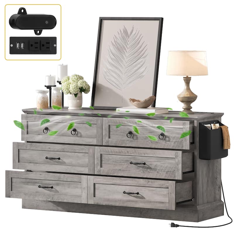 Moasis 59" Farmhouse 6 Drawer Dresser Chest of Drawers Storage Organizer For Bedroom