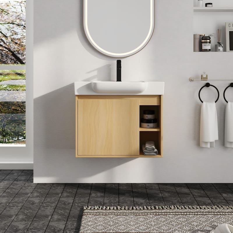 Malwee 24"/28" Floating Bathroom Vanity,Wall Mounted Bathroom Vanity with Ceramic Sink and Soft Close Door