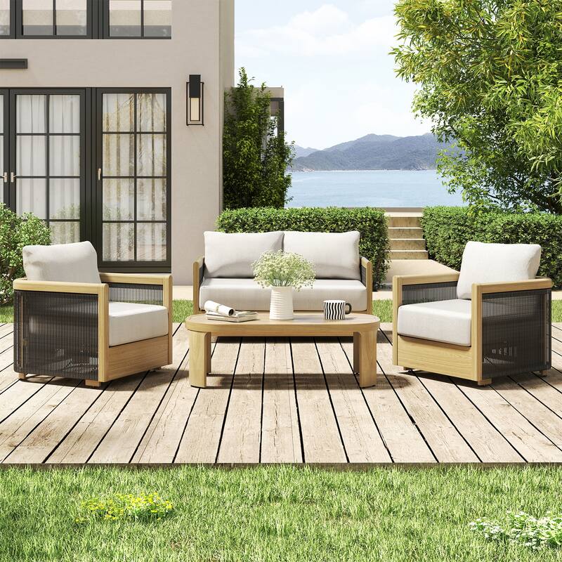 Overture 4-Piece Natural Wood Grain Aluminum Hand-Woven Rope Patio Conversation Set with Beige Cushions and Coffee Table