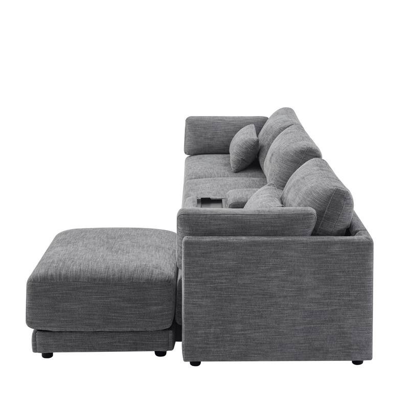 Oversized Modular Sectional Sofa, Chenille 4 Seat Sofa with Storage Console & Movable Ottoman, Comfy Sofa with 4 Pillows