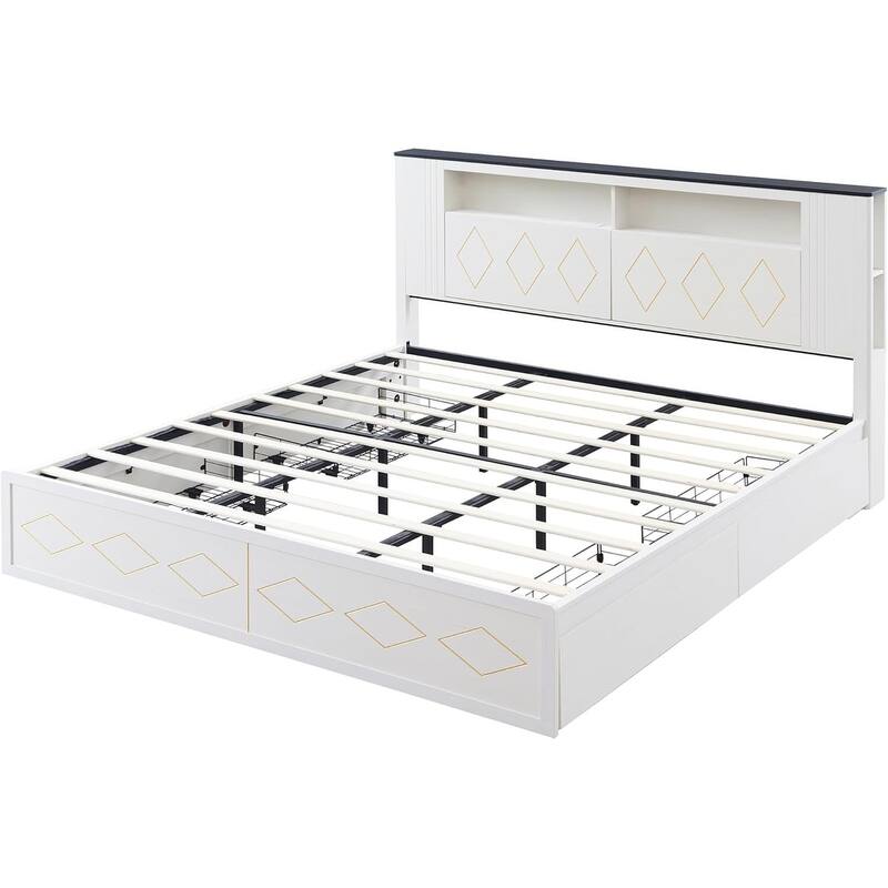 Modern King Size Wood Bed Frame with Charging Station and LED Lights