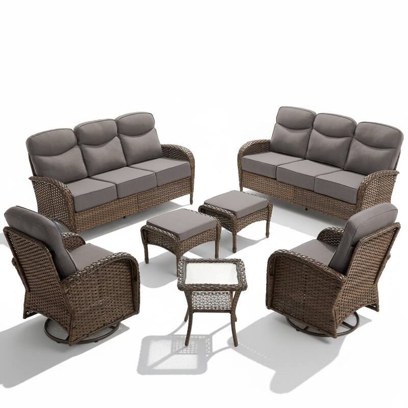 Luna 7-Piece Wicker Patio Conversation Set with Swivel Gliders and 6-Inch Thick Olefin Cushions