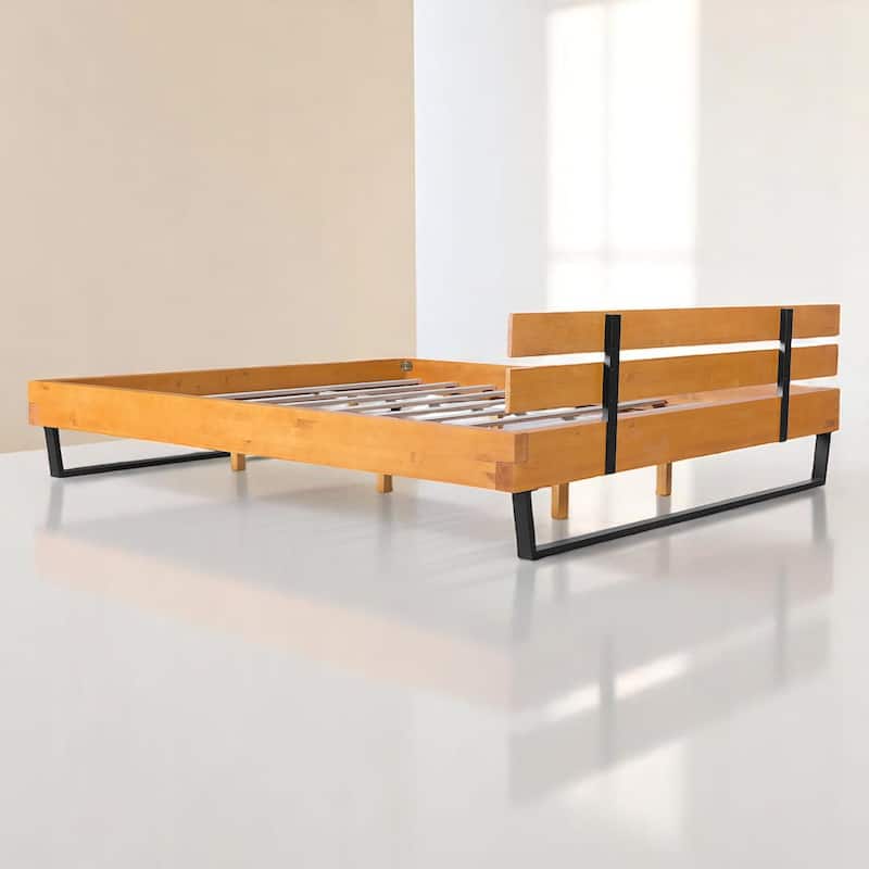 Queen/King Size Bed Frame with Headboard, Solid Pine Wood and Iron Platform Bed, Industrial Modern Design, No Box Spring Needed