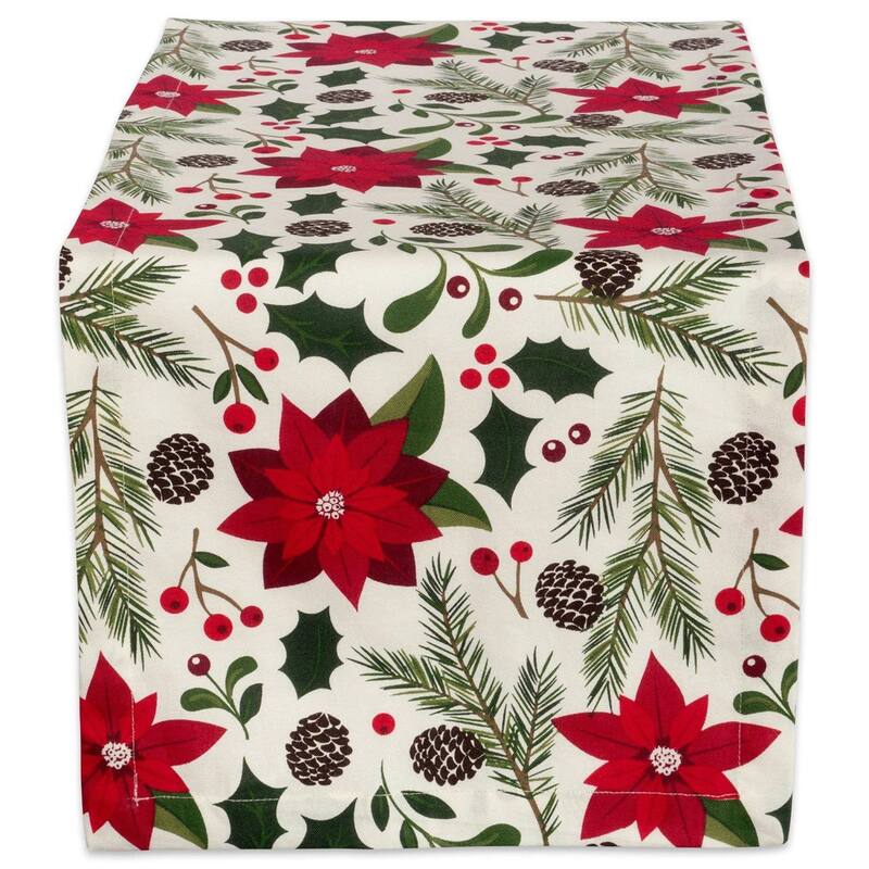 72" Off White Red Woodland Poinsettias Printed Christmas Table Runner