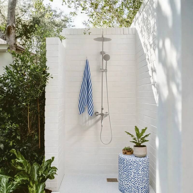 47"H 3-Function 304 Stainless Steel Wall-Mounted Outdoor Shower with Footwash