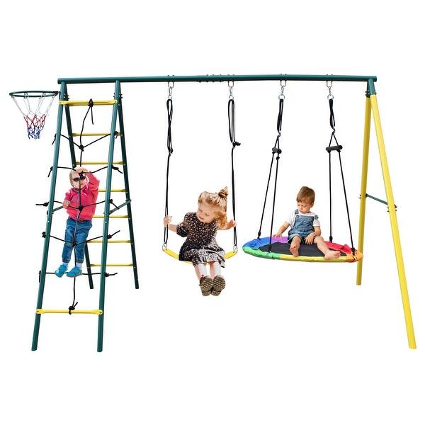 slide 2 of 7, Indoor/Outdoor Metal Swing Set with Safety Belt for Backyard - Multicolor Multicolor
