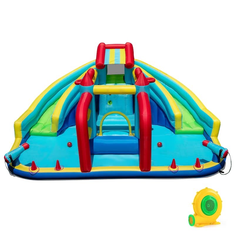 Large Inflatable Water Slide Park for Kids with Double Slides Bounce House Water Cannons 680W Blower