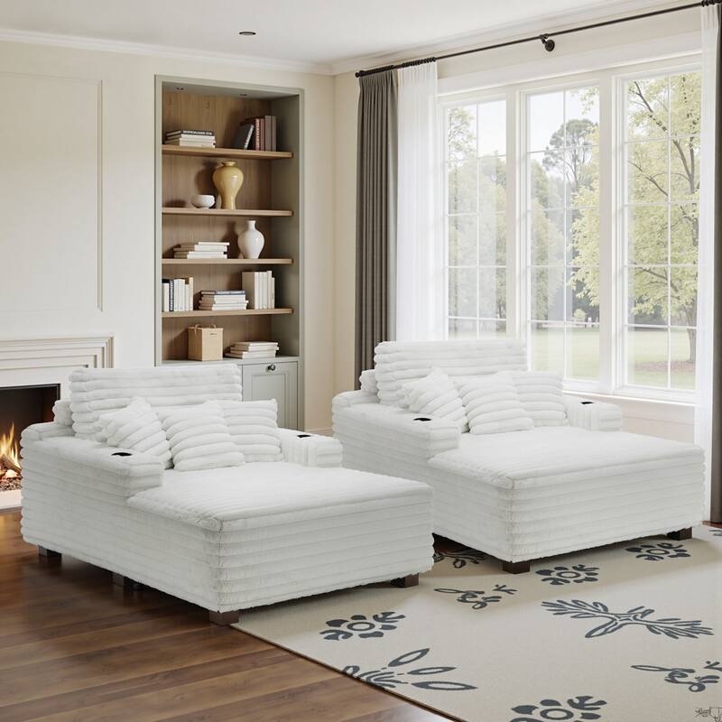 53"W Oversized Plush Fur-Like Chaise Lounge Sofa with Cup Holder - 2-piece - Beige-Set of 2