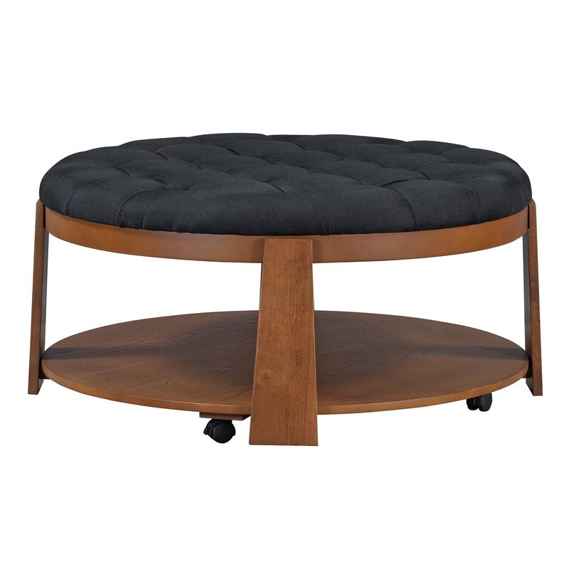 Coffee Table 2-Tier Button Tufted Ottoman with Wood Shelf,Upholstered Coffee Table,Footrest Ottoman with wheel,waterproof Linen