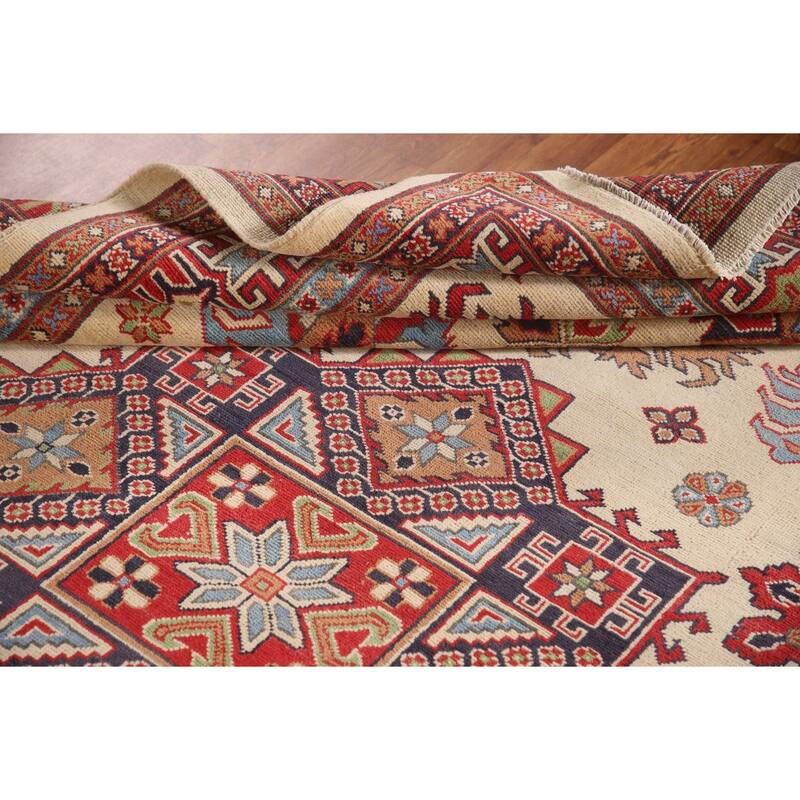 Ivory Geometric Kazak Area Rug Hand-Knotted Wool Carpet - 6'9" x 9'10"