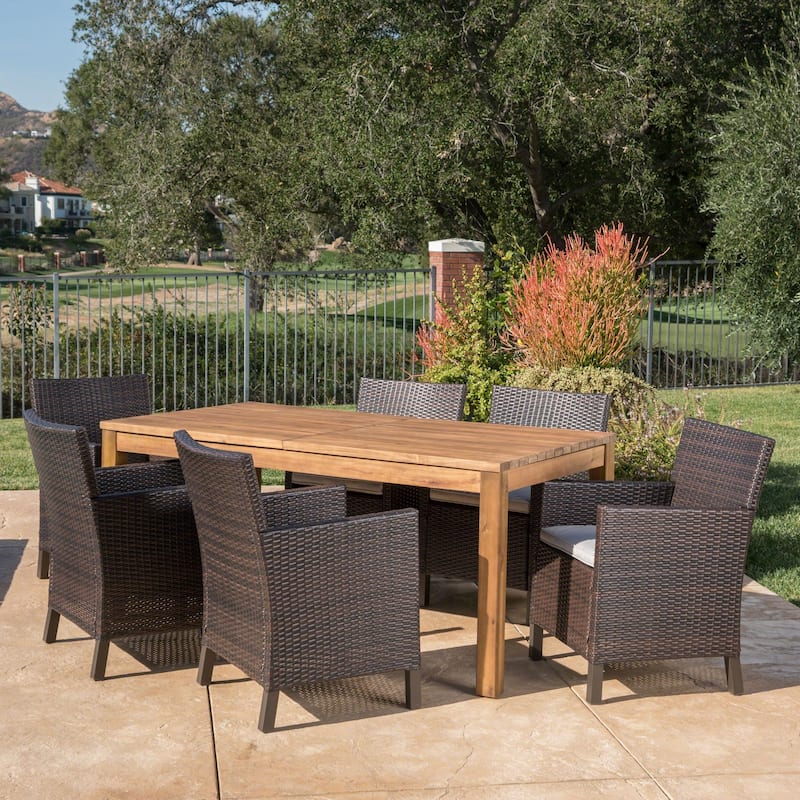Cobalt Outdoor Wicker Wood Expandable Rectangle Dining Set with Cushions by Christopher Knight Home - 7-Piece Sets