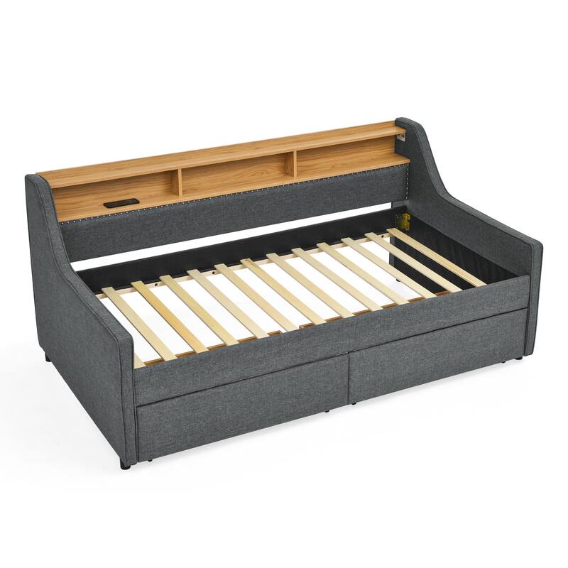 Grey Twin Upholstery Daybed with 3 LED Lights & 2 Storage Drawers