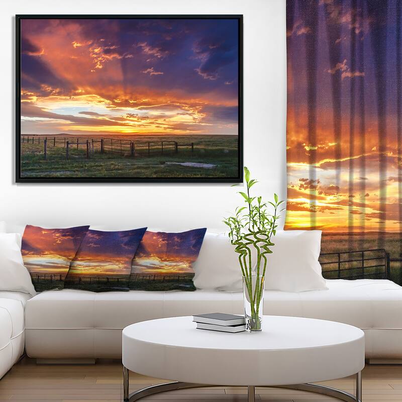 Designart "Dramatic Sunset over Prairie" Large Landscape Framed Canvas