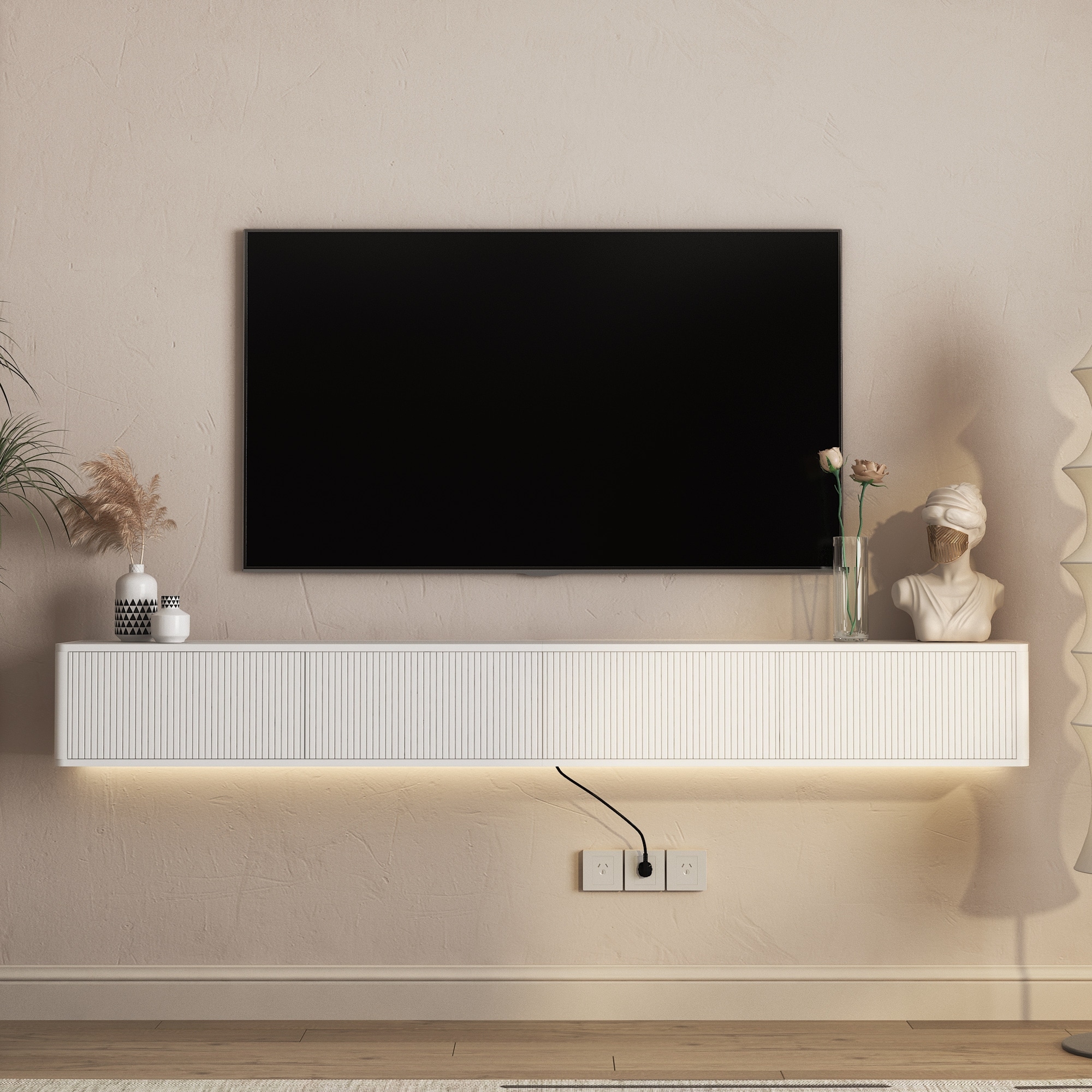 Modern MDF Floating TV Stand with High Gloss Finish, LED Lights and Power Outlet White by GDFStudio