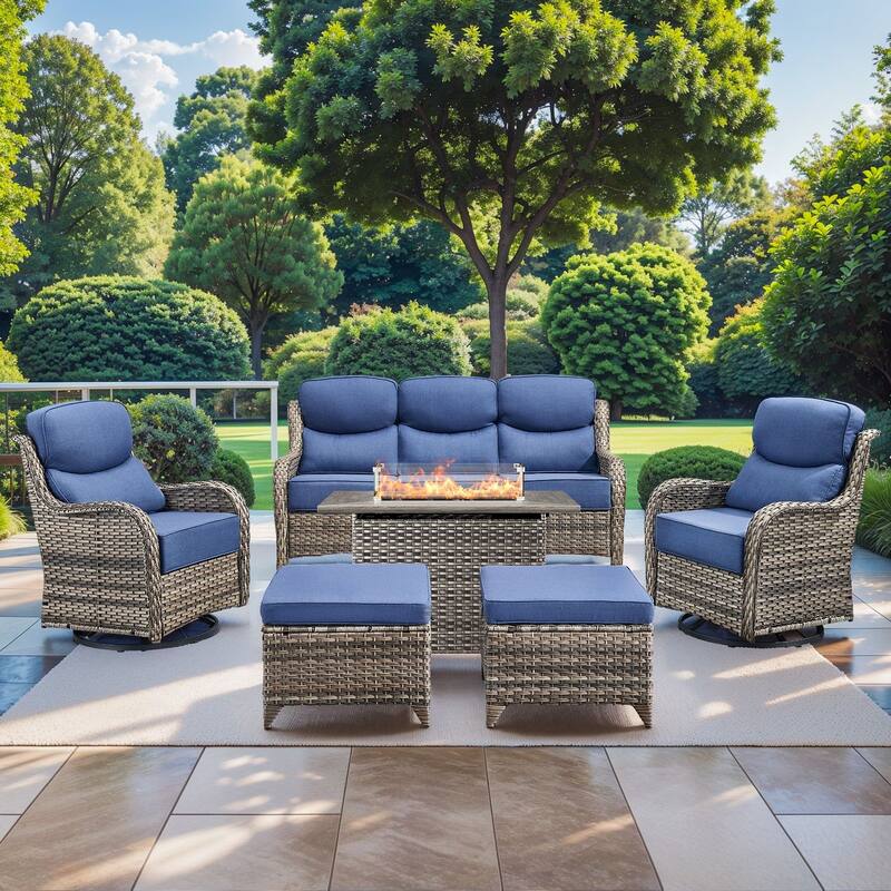 Pocassy Outdoor 6 Inch Sofa Chair Ottoman with Fire Pit Table Set - Grey Wicker Blue Cushion - 6 Pieces Sofa Chair Ottoman with Fire Table