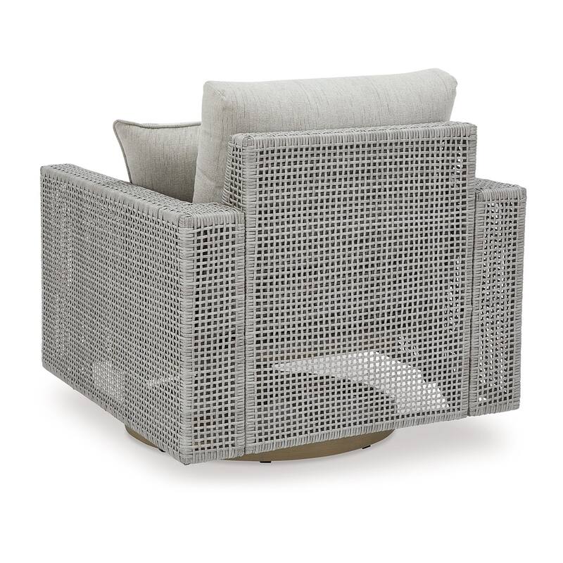 Yami 36 Inch Outdoor Swivel Lounge Chair, 1 Throw Pillow, Gray Wicker
