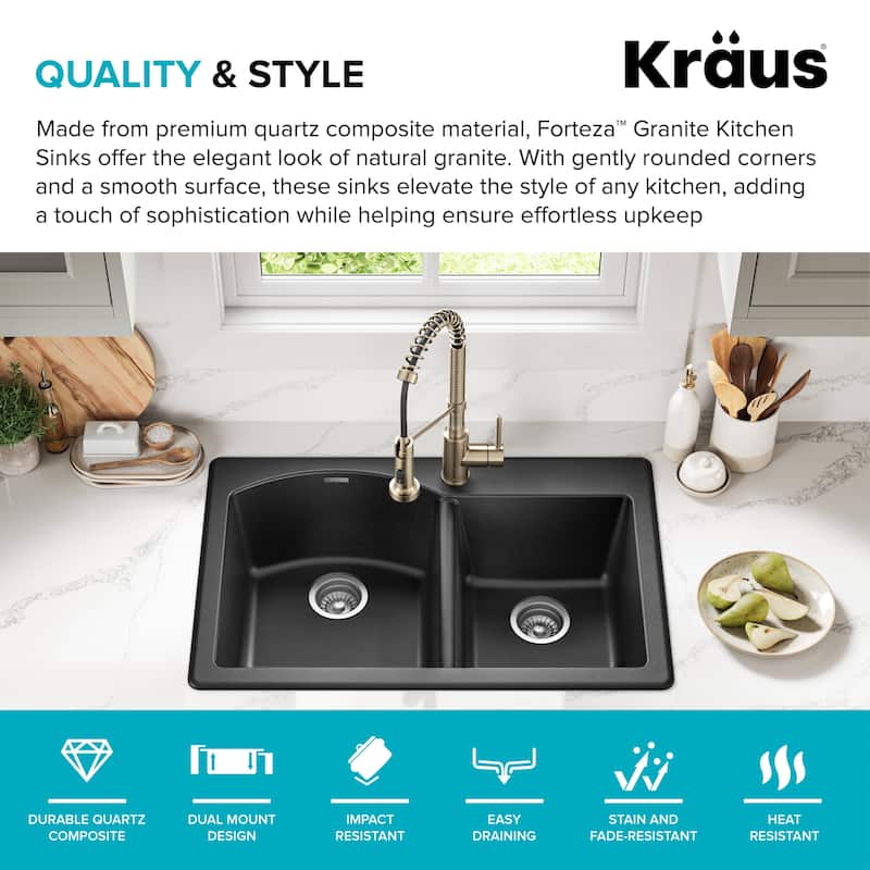 KRAUS Forteza Granite 33 inch 60/40 Undermount Drop-in Kitchen Sink