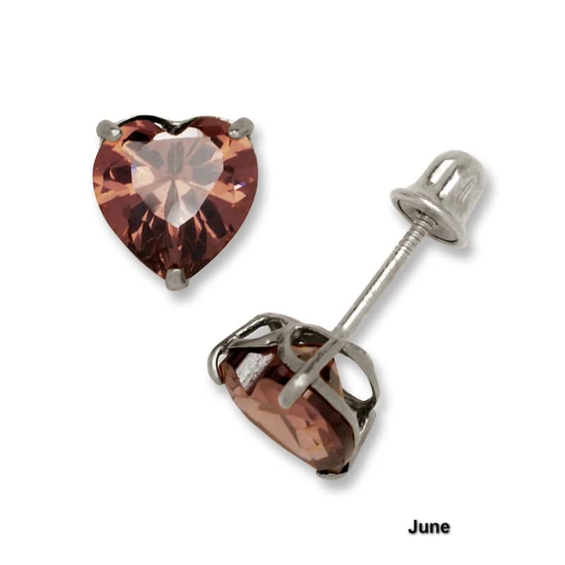 14K White Gold 6mm Heart-shaped Cubic Zircornia Birthstone Basket-Set Solitaire Screw-back Stud Earrings (12 colors)
