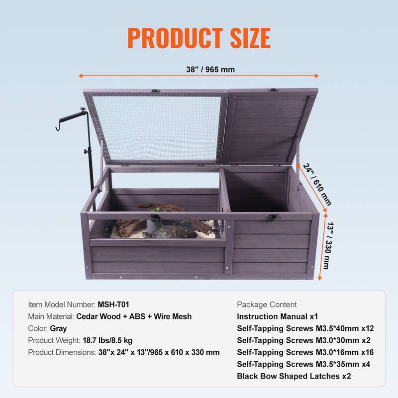 Wooden Tortoise House Habitat - 2-Room Indoor & Outdoor Shelter, 38x24x13in