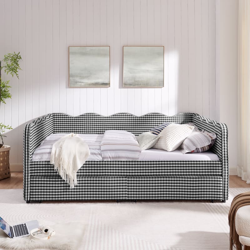 Full/Queen Gingham Daybed with 2 Storage Drawers, USB Port & Wave Shaped Linen Fabric