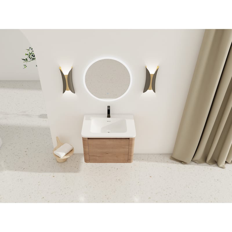 28'' Wall-Mounted Bathroom Vanity with White Ceramic Sink & 1-Soft-Close Door, KD-Packing, Plywood