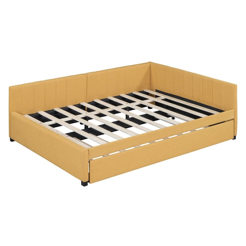 Full Size Linen Upholstered Daybed with Trundle, Sofa Bed