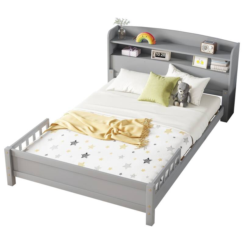 Full Pine Wood Bed with Bookcase Headboard, LED Motion Sensor Light, Bed Guardrails, Grey