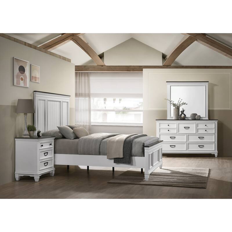 Clelane Wood Bedroom 5 piece Set with Shiplap Panel Queen Bed, Dresser, Mirror, Nightstand, and Chest - Antique White+Gray