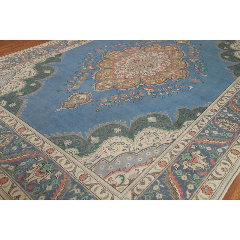 Blue Tabriz Persian Vintage Rug Handmade Wool Carpet - 9'7" x 13'0"