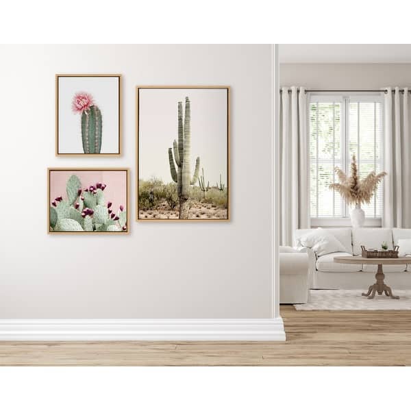 Kate and Laurel Sylvie Sunrise Cactus, Pink Cactus Flower and Cactus 25 Framed Canvas by Amy Peterson Art Studio, 3 Piece, Natural