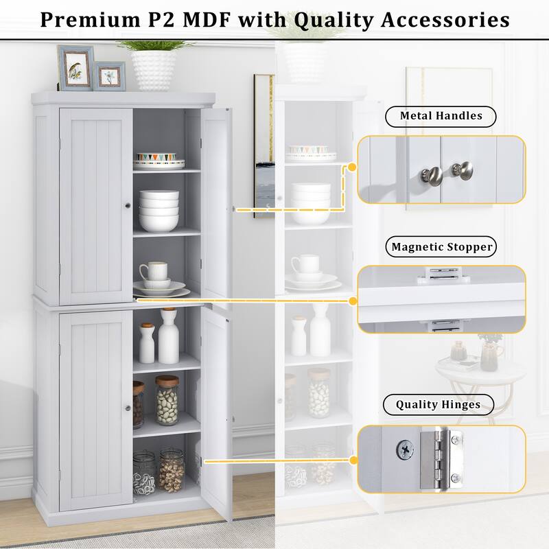 Freestanding Tall Kitchen Pantry,Storage Cabinet Organizer with 4 Doors and Adjustable Shelves