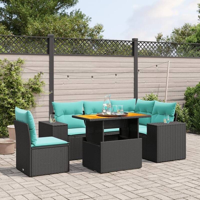 vidaXL Patio Sofa Set with Cushions Outdoor Furniture 6 Piece Poly Rattan - 24.4 x 24.4 x 27.2 - Black-table+1x corner+2x middle