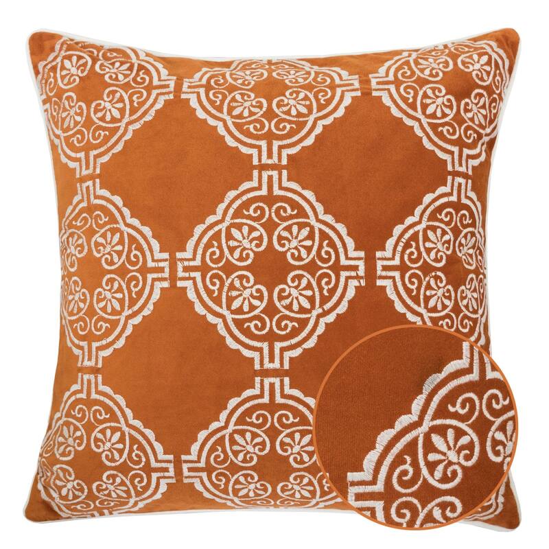Burnt Orange Damask Embroidered Throw Pillow - Boho Geometric Cushion