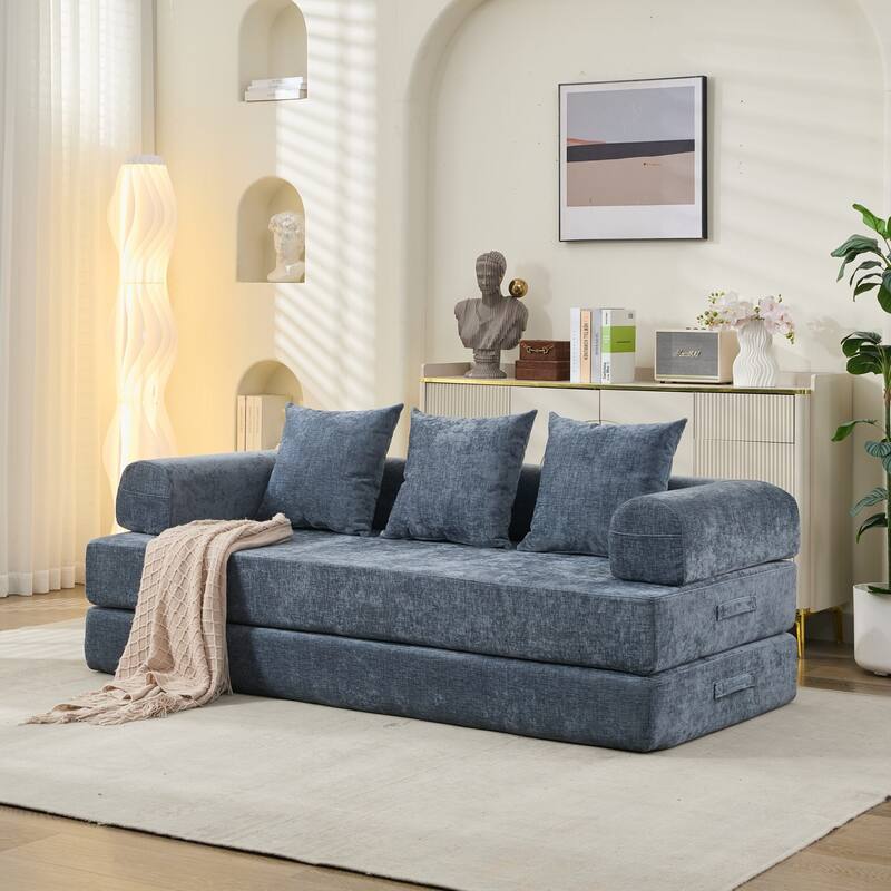 Chenille Folding Sofa Floor Sleeper Bed Chaise Lounger Couch 3-in-1 Comfy Mattress with Reversible Arm Pillows and Non-slip Pad - Blue