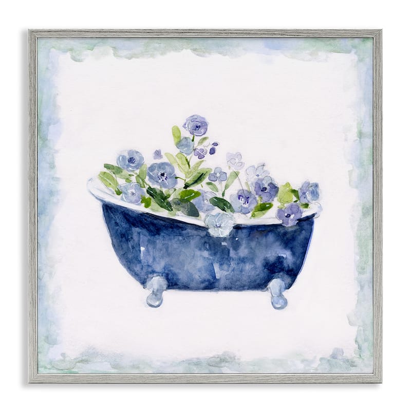 Stupell Charming Blue Bathtub Botanical Floral Design Watercolor Border Framed Wall Art - White
