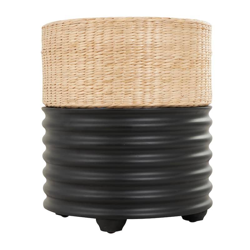 White or Black Wooden Handmade Woven Two-Toned Geometric Stool with Seagrass Top