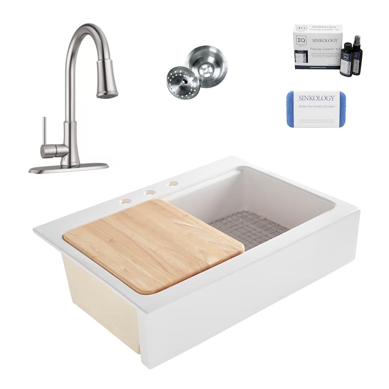 Parker White Fireclay 34" Quick-Fit Farmhouse Apron Front Drop-In Single Bowl Kitchen Sink Workstation with Pfirst Faucet Kit
