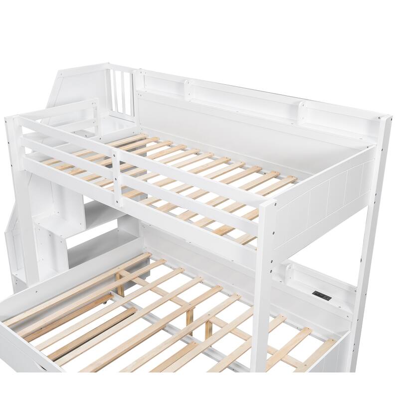 Twin Over Full Size Bunk Bed with Built-in 3-in-1 Storage Shelves and Charging Station, Pull-out Trundle, Storage Staircase