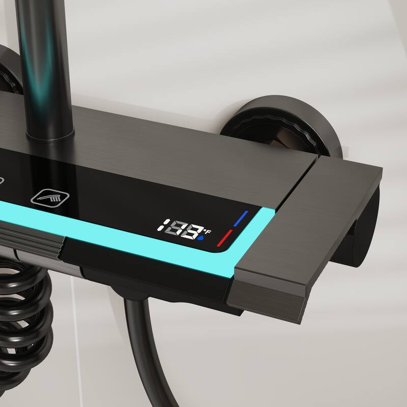 Shower System with LED Temperature Display, 4 Function Piano Button Shower Panel with Rainfall Shower Head, Handheld Shower