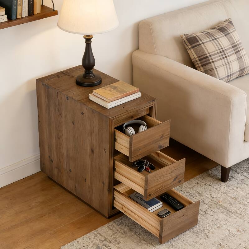 Solid Wood End Table with 3 Drawers, 23.62" H, No Assembly