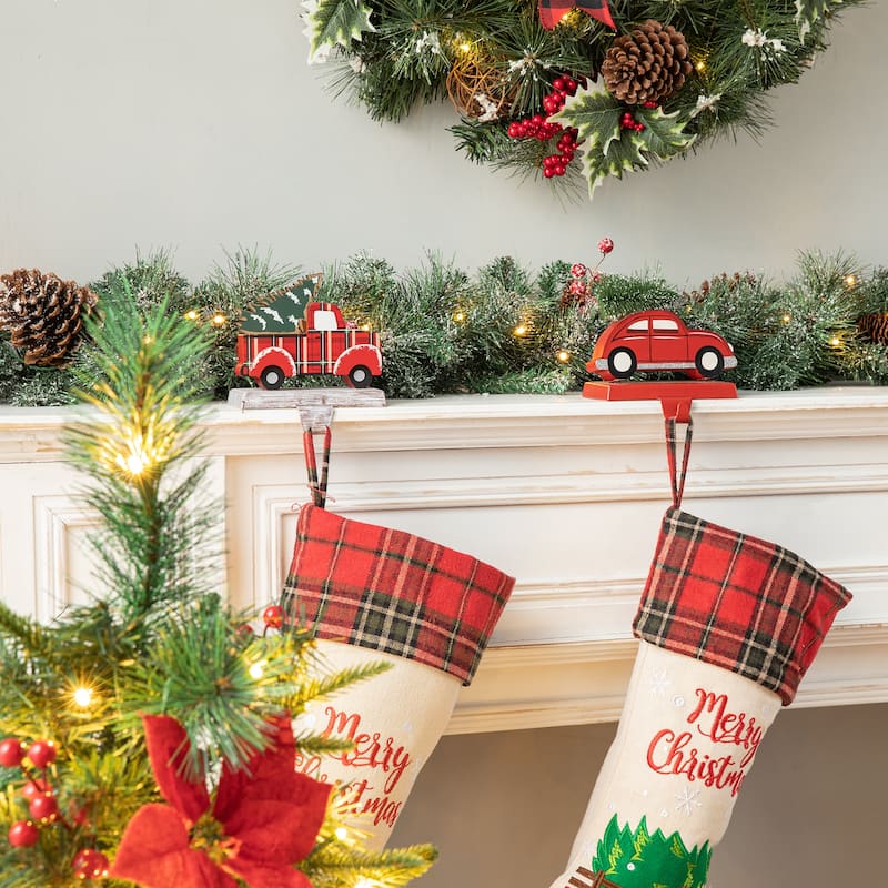 Glitzhome Christmas Dachshund Reindeer Red Car Stocking Holders Rustic Mantel Ornament