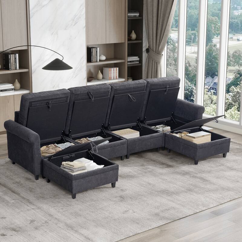 Convertible Sectional Couch, U Shaped Sofa with Adjustable Ottomans, Antique Grey White