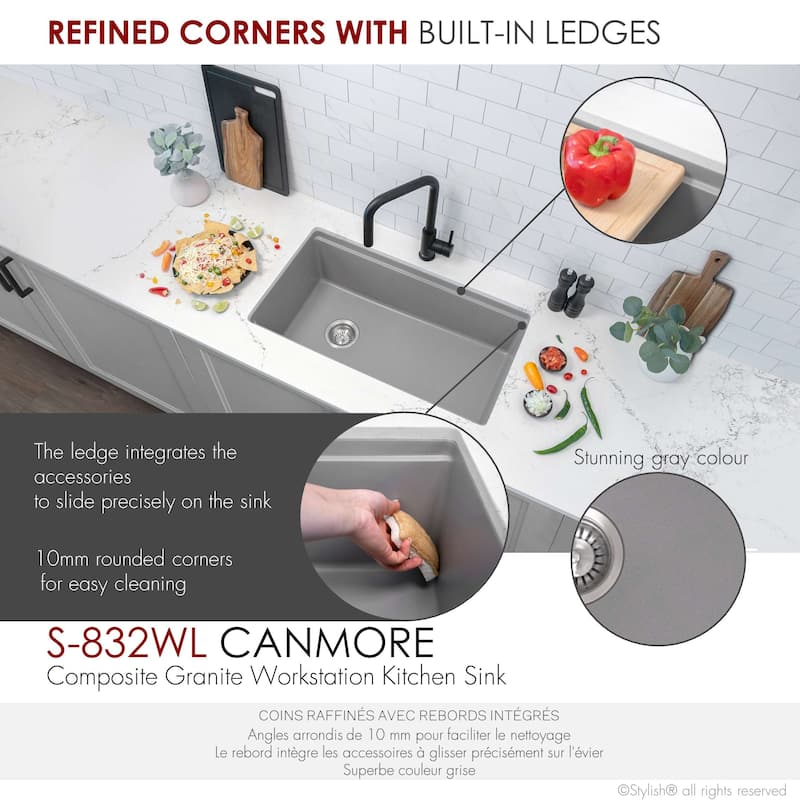 STYLISH Dual Mount 32" Single-Bowl Composite Granite Kitchen Sink - 32" x 18" x 9.5"