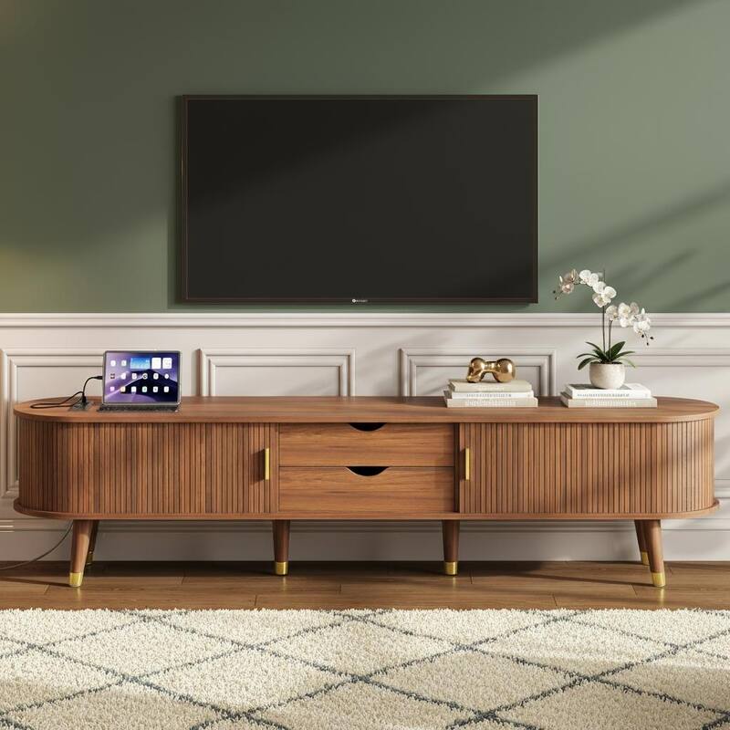 Mid-Century Oval TV Stand with Sliding Fluted Doors & Charging Station by Harper&Bright Designs