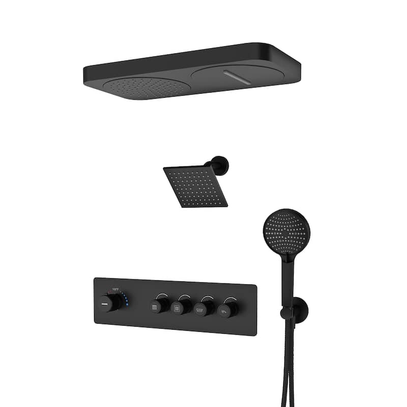 7-Spray Thermostatic 22.5"x 11.2" Rainfall Ceiling and 6" Wall Mount Dual Shower Head with Handheld Spray in Matte Black