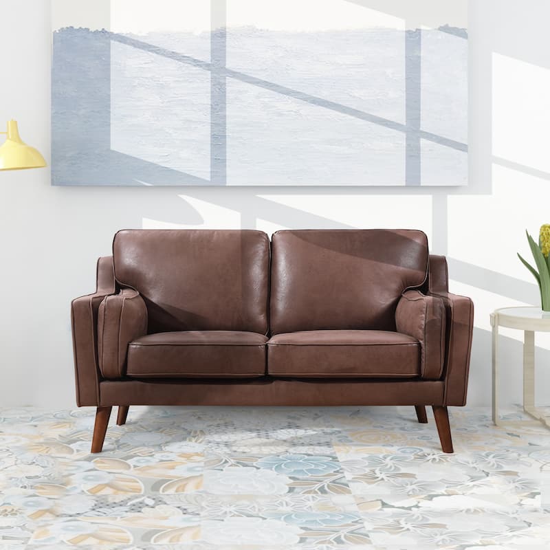 Mid-Century Leather Sofa Loveseat with 5.9" Upholstered Cushion - Loveseat