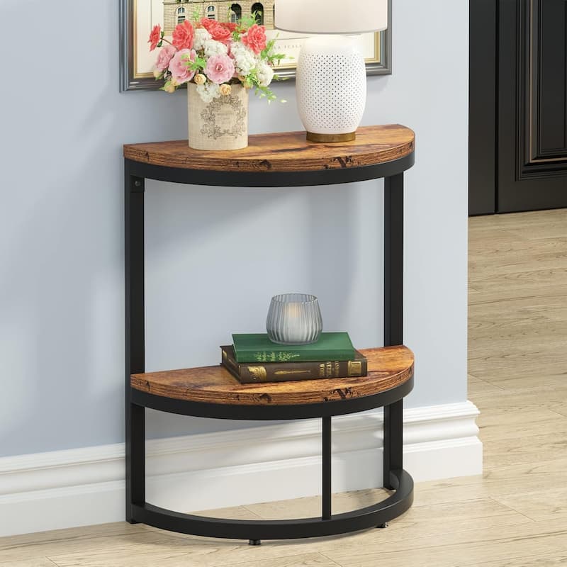 Half Round End Table with Storage, Small Wood Side Table for Living Room